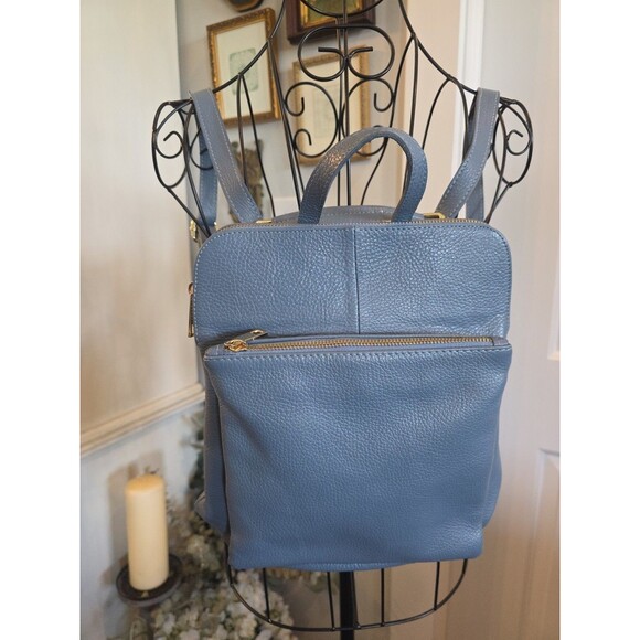 Handmade Italian Pebbled Leather Convertible Backpack Crossbody Slate Blue NWOT - Picture 9 of 10